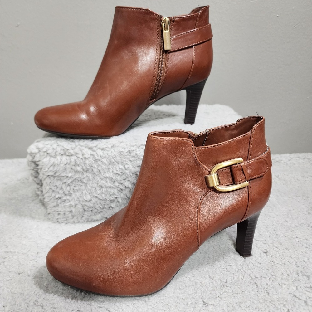 Bandolino Womens Elegant Brown Leather‎ Ankle Boots Brass Buckle Size 6.5